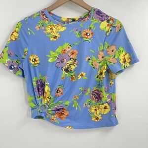 Wayf Blues Floral Crop Top T-shirt Ring Detail Ruched Baby Tee New Size S